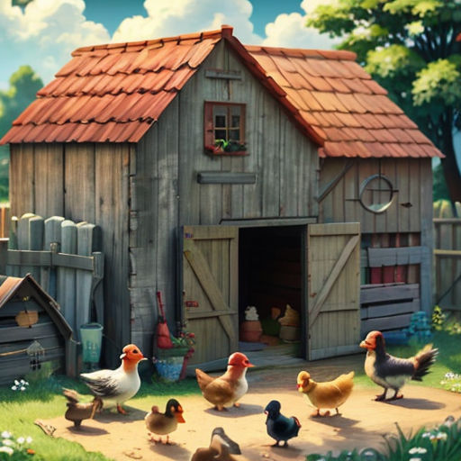 a painting of a farm scene with chickens and a barn with a red roof and a red roof and a red roof
