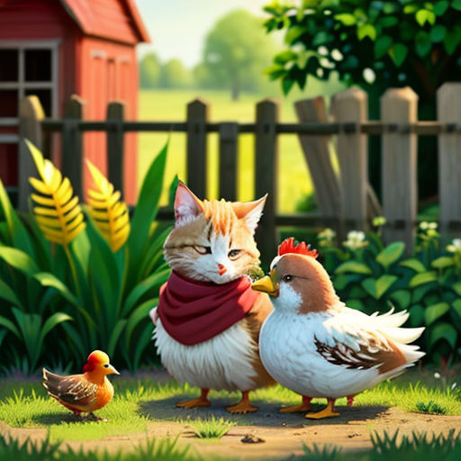 a cat and a chicken are standing in the grass near a fence and a red barn with a red roof
