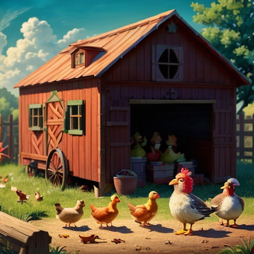 a painting of chickens and chickens in a farm yard with a barn in the background and a wagon in the foreground
