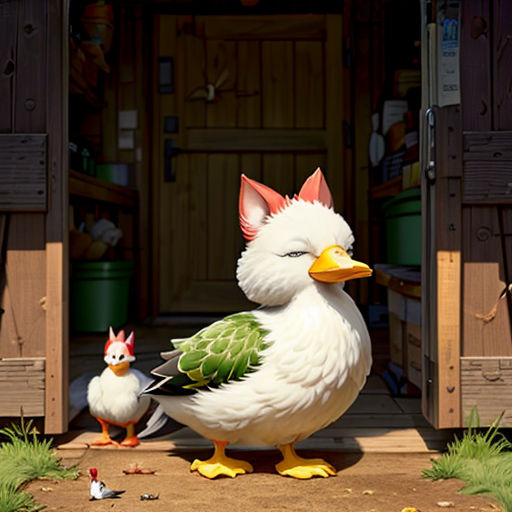 a couple of ducks standing next to each other on a dirt ground near a building with a door and a chicken