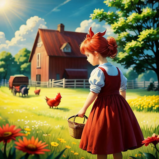 a little girl in a red dress is holding a basket and looking at a farm with chickens and a red barn