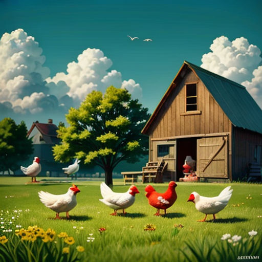a painting of chickens in a field with a barn in the background and a bird flying over the grass