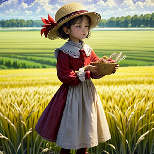 a painting of a little girl in a field with a basket of bread in her hand and a sky with clouds