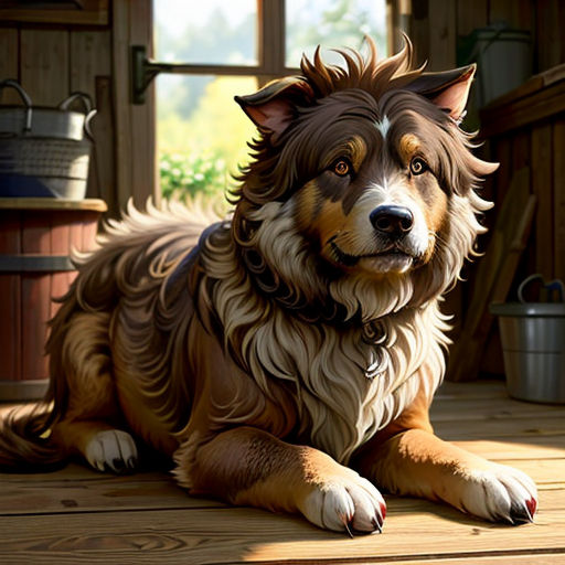 a dog sitting on a wooden floor next to a window and a potted plant in a potty