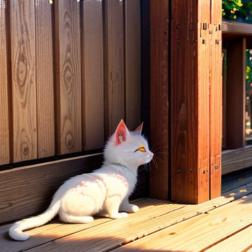 a white cat sitting on a wooden deck next to a fence and a tree in the background with a green leafy tree