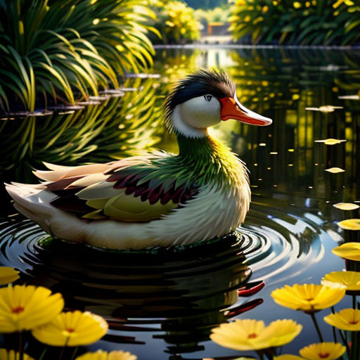 a duck floating on top of a lake surrounded by yellow flowers and greenery, with a pond in the background
