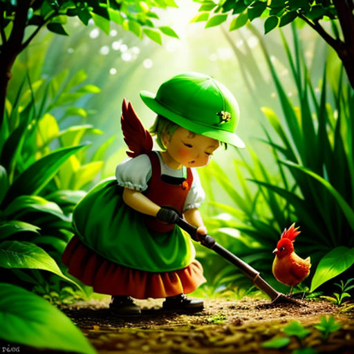 a little girl in a green dress and hat holding a bird in a forest with a green hat on