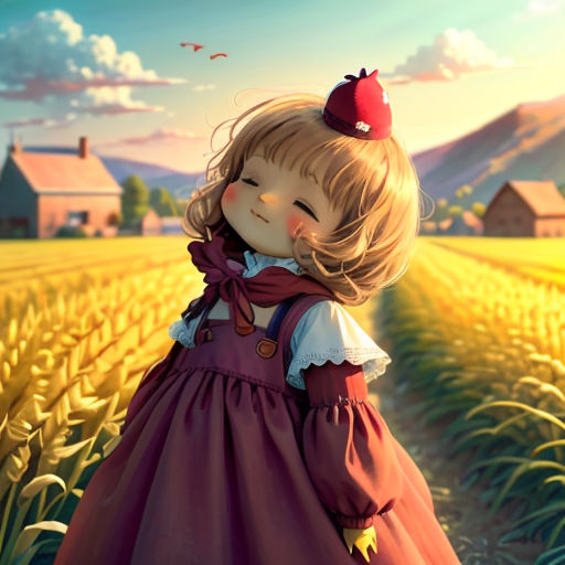 a little girl in a red dress standing in a field of corn with a bird on her head and a farm in the background