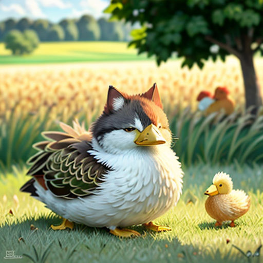 a painting of a duck and a duckling in a field of grass with trees in the background and a cornfield in the foreground