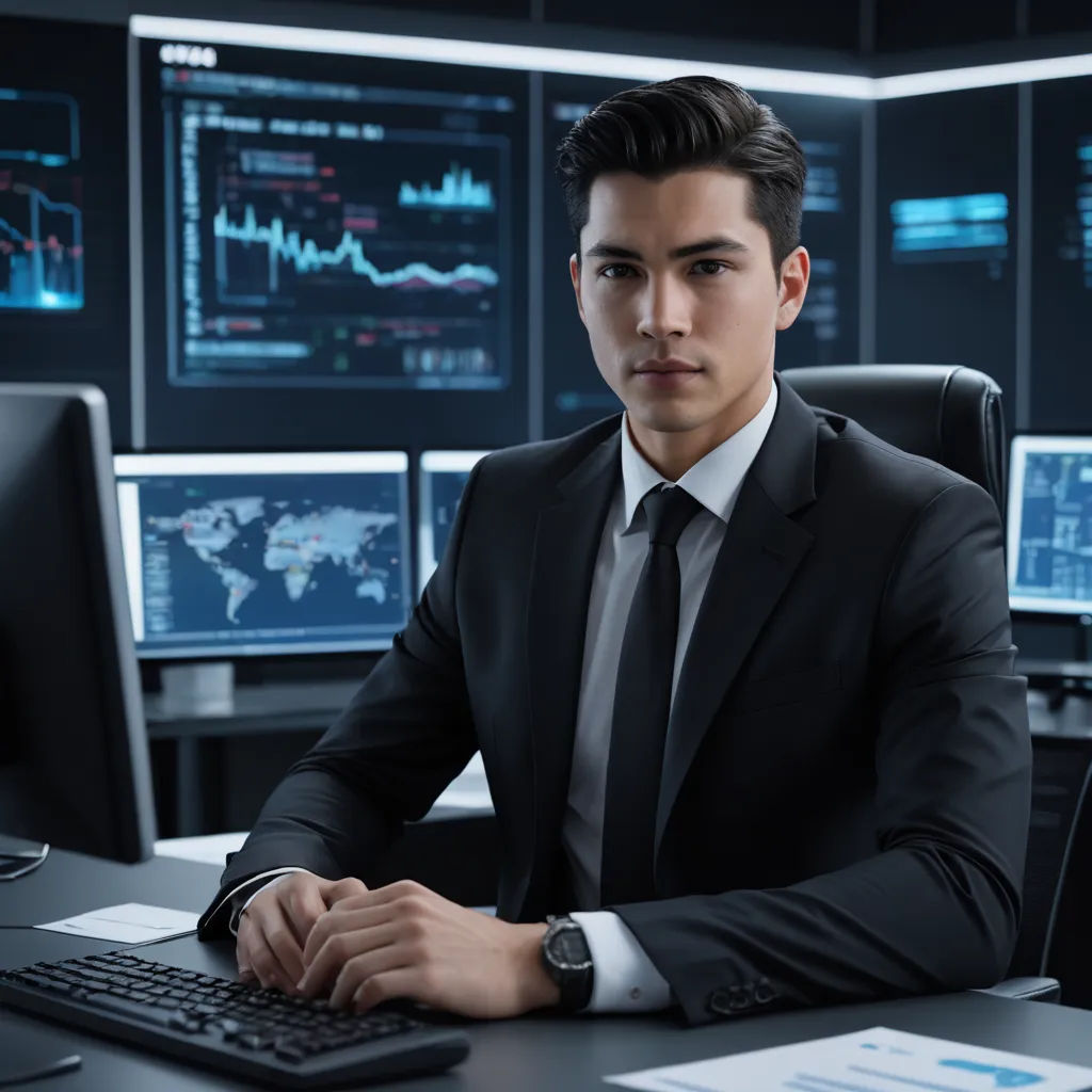 a man in a suit sitting at a desk with a keyboard and monitor on it, with a world map on the wall, computer art, a stock photo, Cedric Seaut (Keos Masons), professional