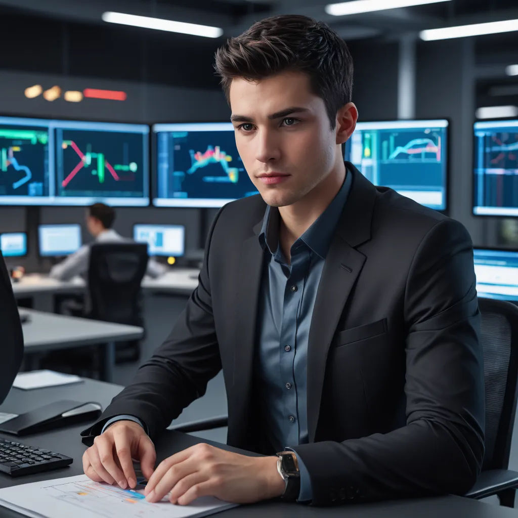 a man in a suit sitting at a desk with a laptop and papers in front of him and a monitor with graphs on it, les automatistes, a stock photo, Cedric Seaut (Keos Masons), professional
