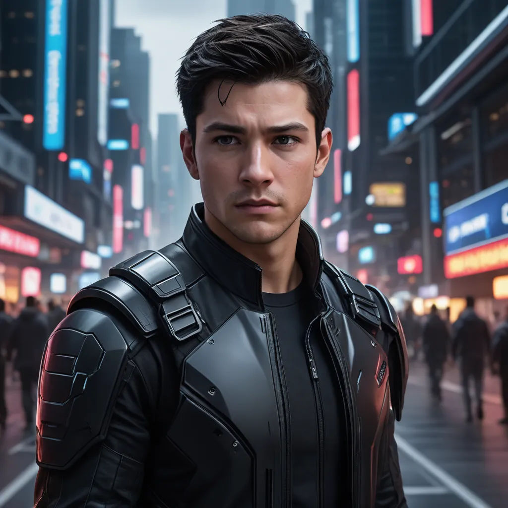 a man in a futuristic suit standing in the middle of a city street with a cityscape in the background, panfuturism, a character portrait, Everett Warner, promotional image