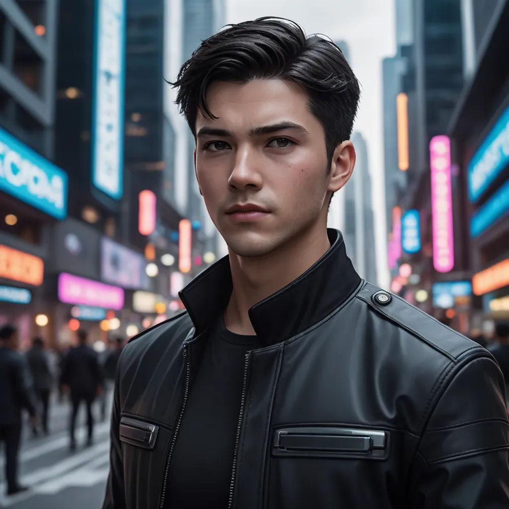 a man in a black jacket standing in a city street at night with neon signs and buildings in the background, photorealism, a character portrait, David Park, rossdraws global illumination