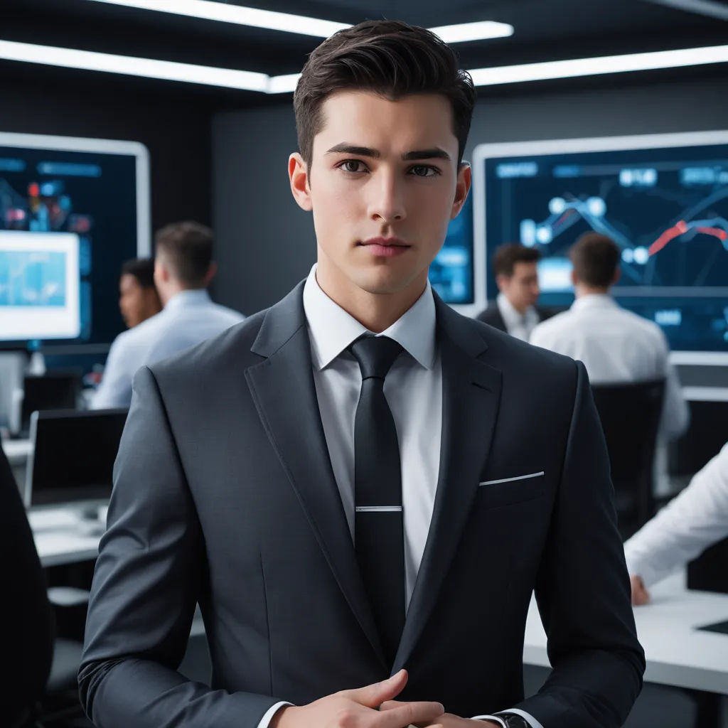 a man in a suit and tie standing in a room with people in the background and a monitor screen, les automatistes, a stock photo, Alexander Kucharsky, professional