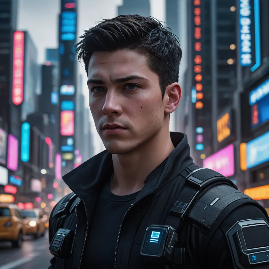 a man in a futuristic city with neon signs on the buildings and a taxi cab in the foreground, cubo-futurism, a character portrait, David Park, rossdraws global illumination
