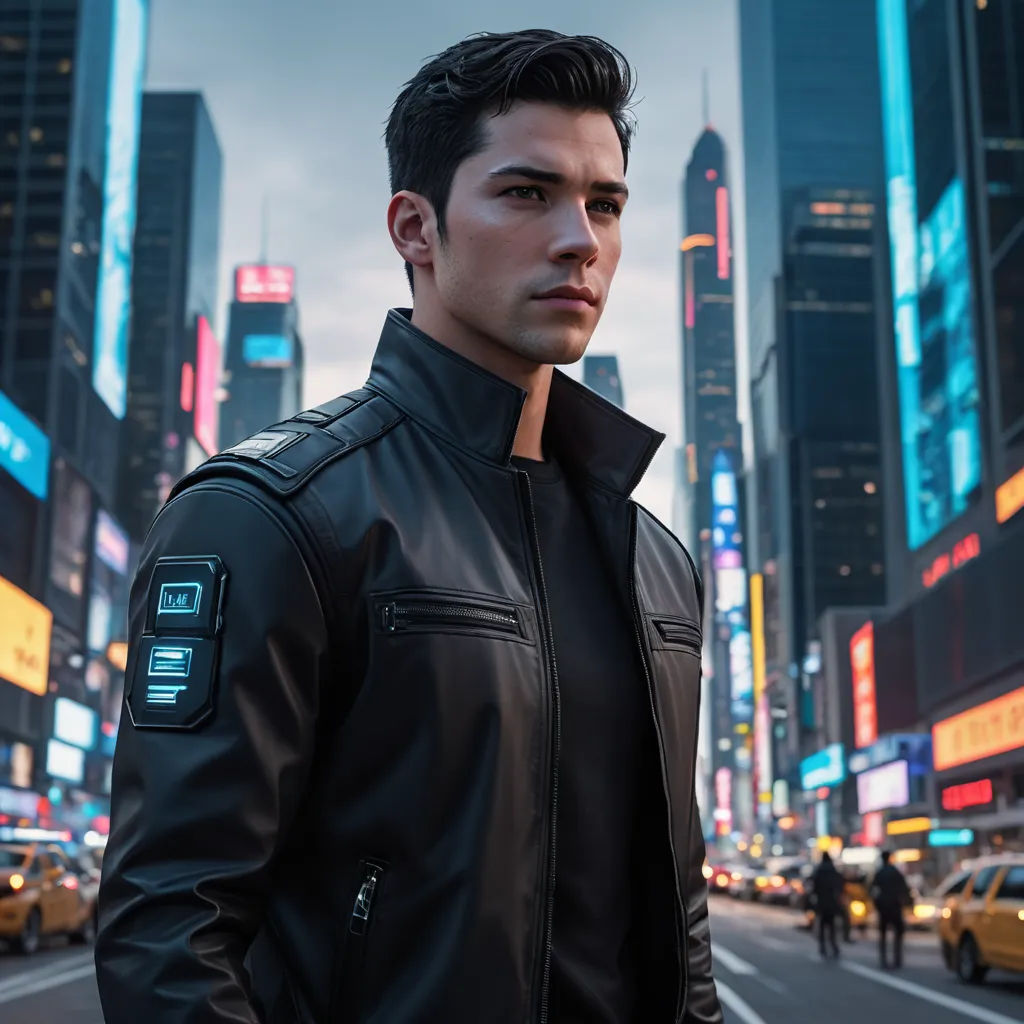 a man in a leather jacket standing in the middle of a city street with a taxi cab in the background, photorealism, a character portrait, Conroy Maddox, rossdraws global illumination