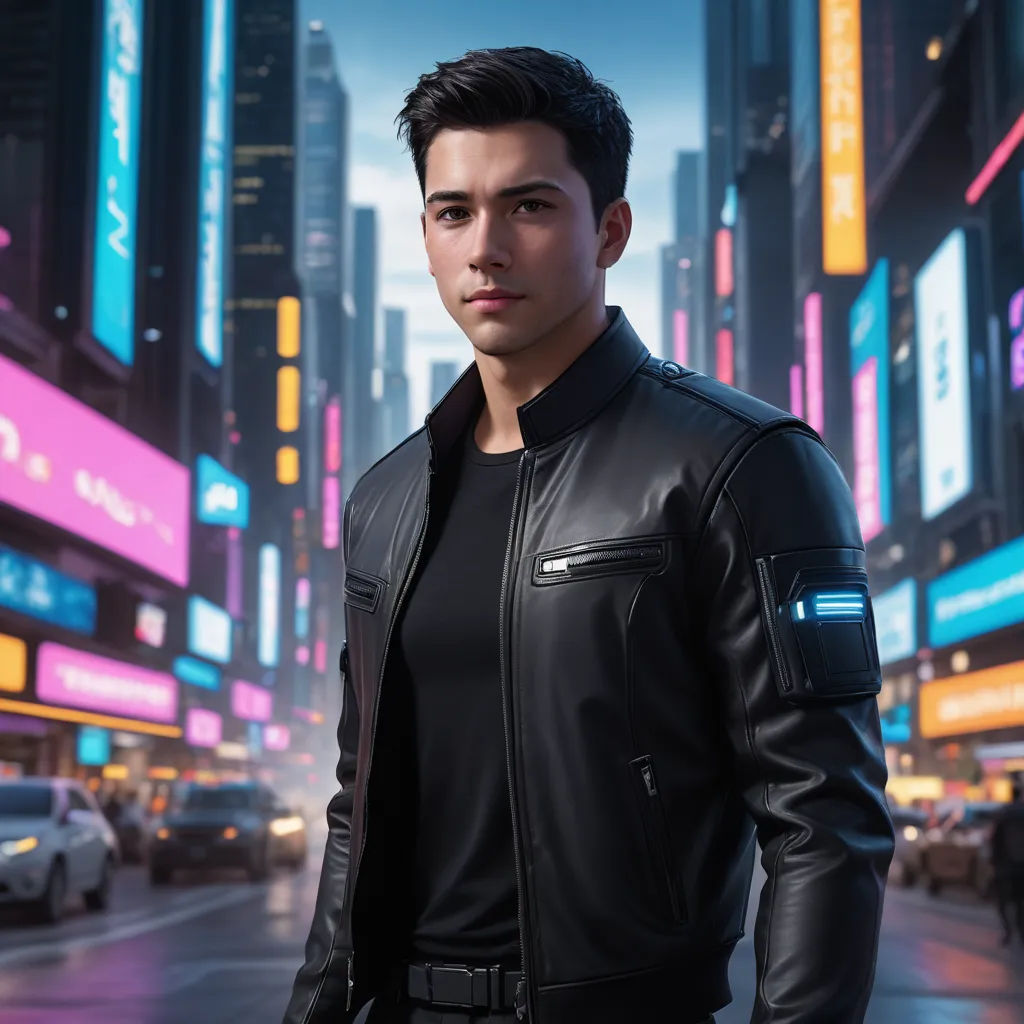 a man in a black jacket standing in the middle of a city street at night with neon lights on buildings, retrofuturism, a character portrait, David Park, rossdraws global illumination