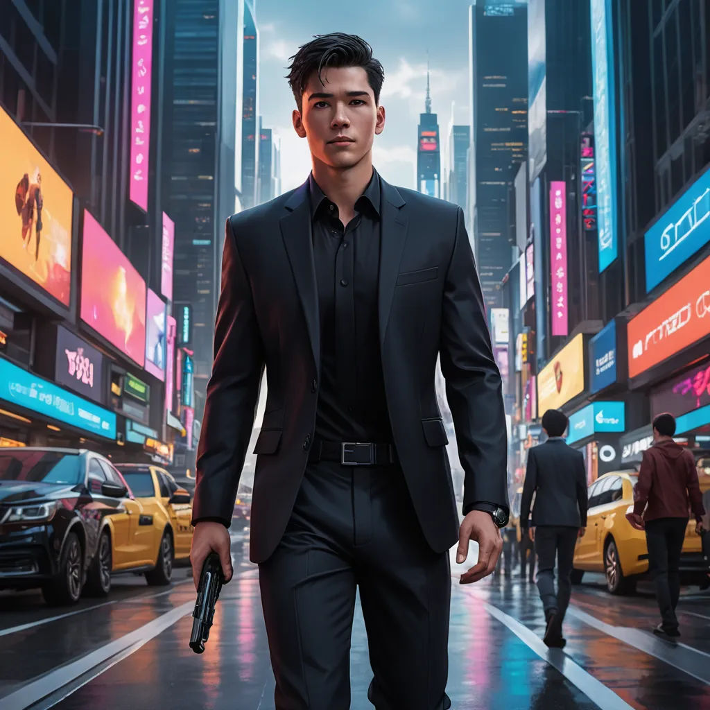 a man in a suit walking down a street holding a gun in his hand and a cityscape in the background, photorealism, poster art, David Park, key art
