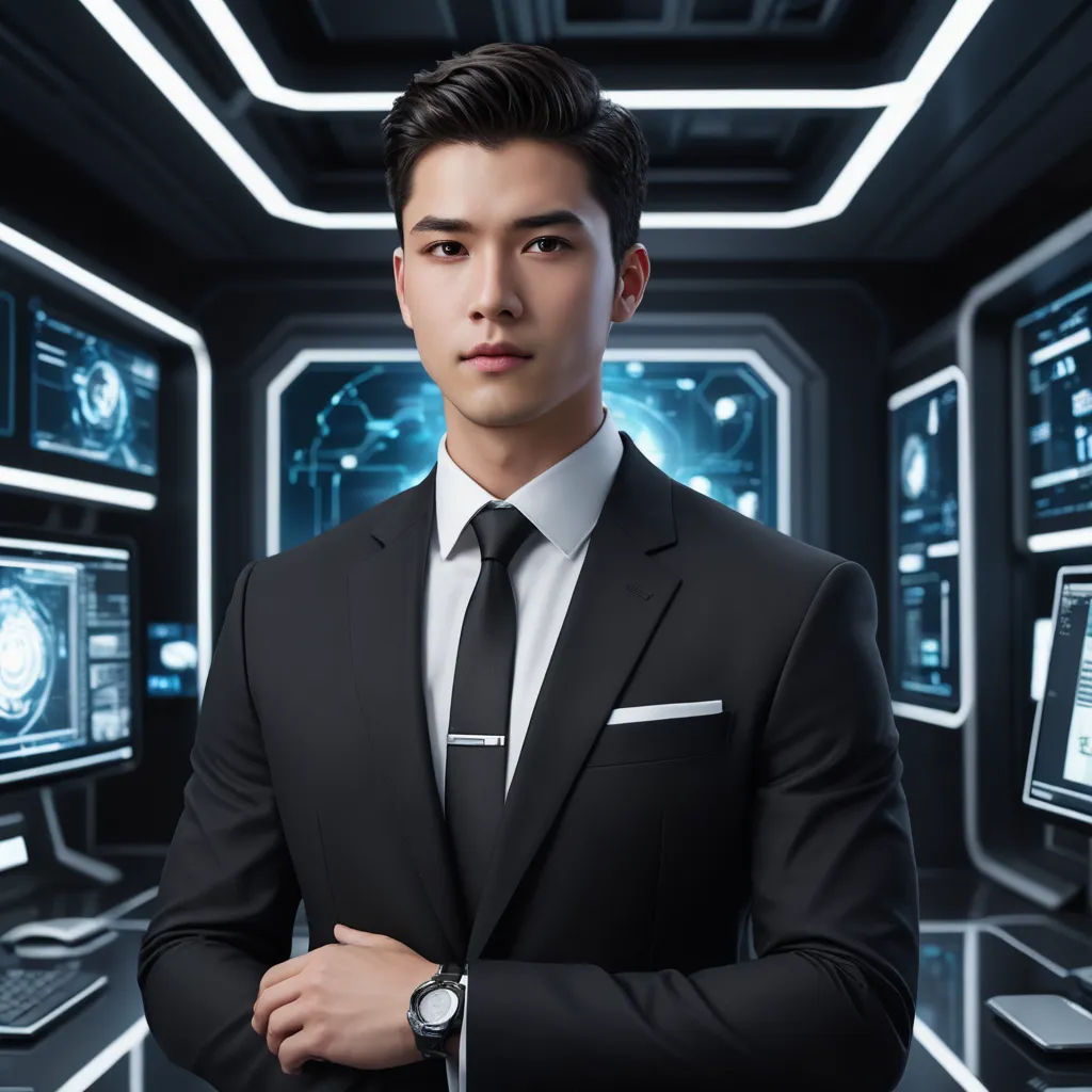 a man in a suit and tie standing in front of a futuristic room with computers and other electronic devices, purism, a character portrait, David Park, promotional image
