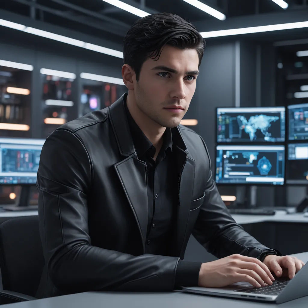 a man in a black jacket is using a laptop computer in a dark room with multiple monitors on the wall, purism, computer graphics, Cedric Seaut (Keos Masons), tech wear