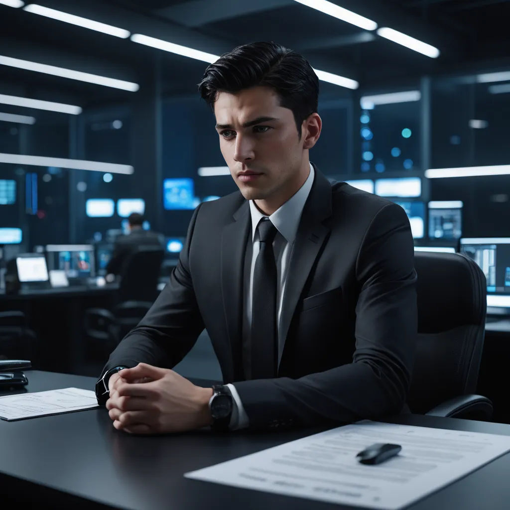 a man in a suit sitting at a desk in an office setting with a laptop and papers on it, new objectivity, a stock photo, Everett Warner, promotional image
