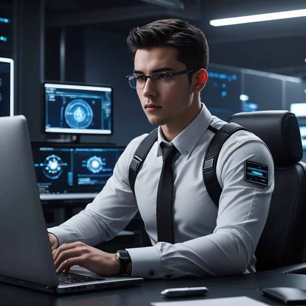a man in a white shirt and tie working on a laptop computer in a dark room with multiple monitors, purism, a stock photo, Cedric Seaut (Keos Masons), professional