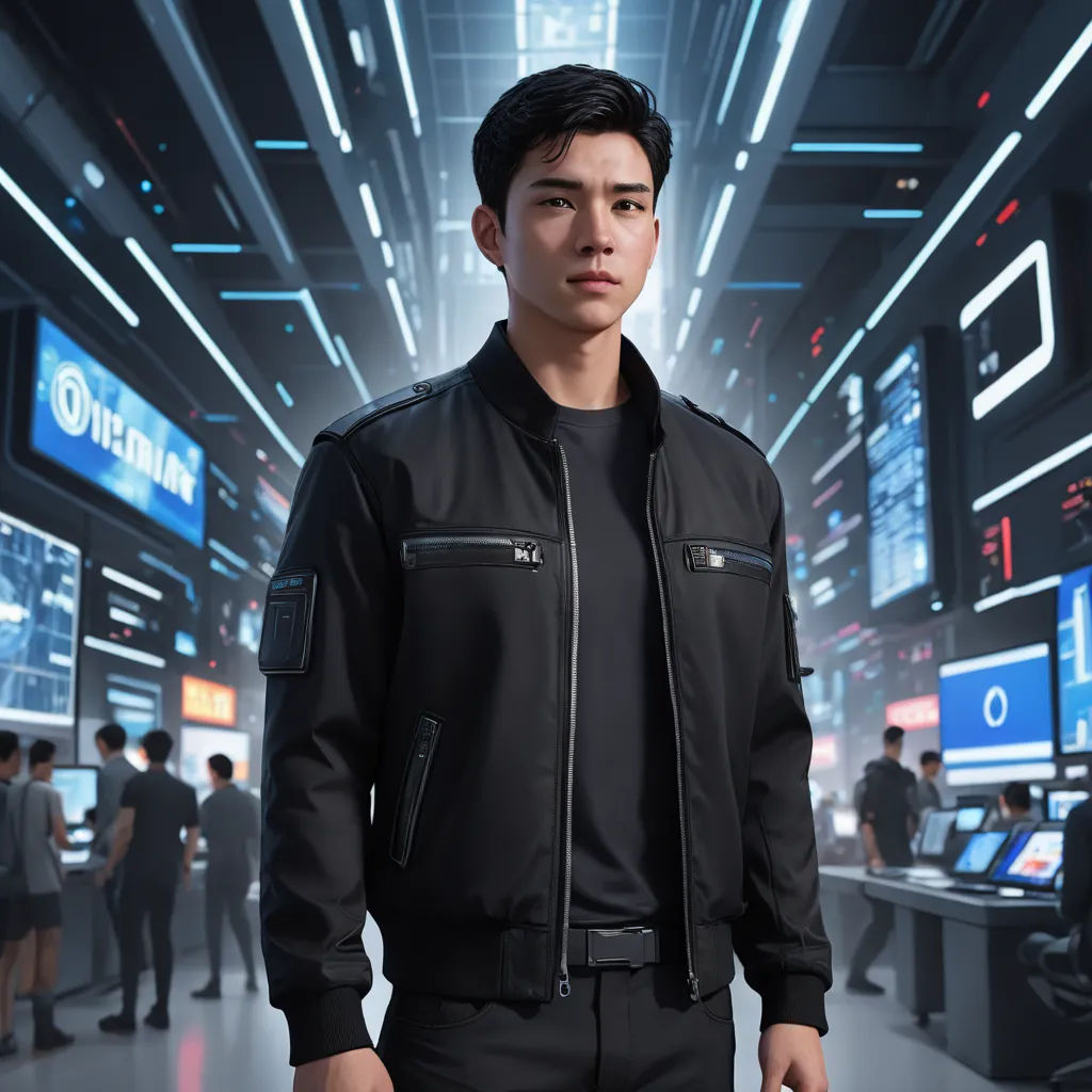 a man in a black jacket standing in a room with people in it and a futuristic background with lights, photorealism, a character portrait, David Park, tech wear