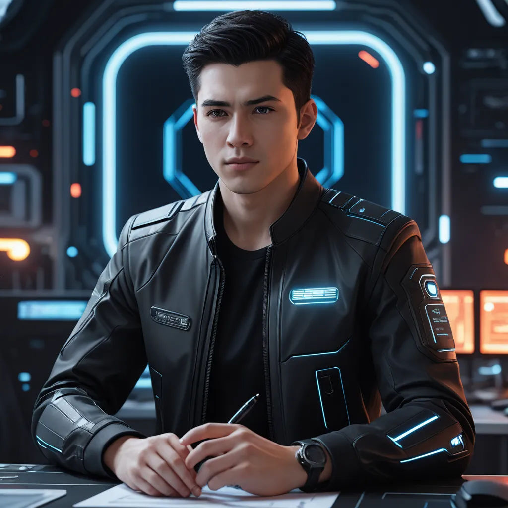 a man in a black jacket sitting at a desk in front of a laptop computer and a pen in his hand, computer art, computer graphics, David Park, rossdraws global illumination