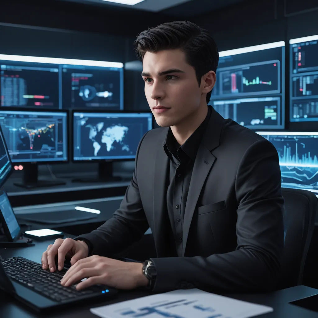 a man in a suit is typing on a laptop in front of a monitor with multiple screens on it, purism, a stock photo, Cedric Seaut (Keos Masons), professional photo