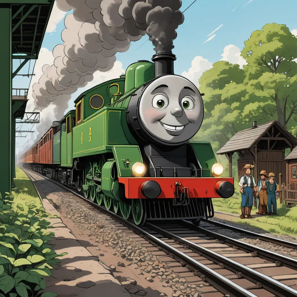 a cartoon train with a smiling face on the tracks with people standing around it and a train station in the background, sots art, concept art, Donald Roller Wilson, official art