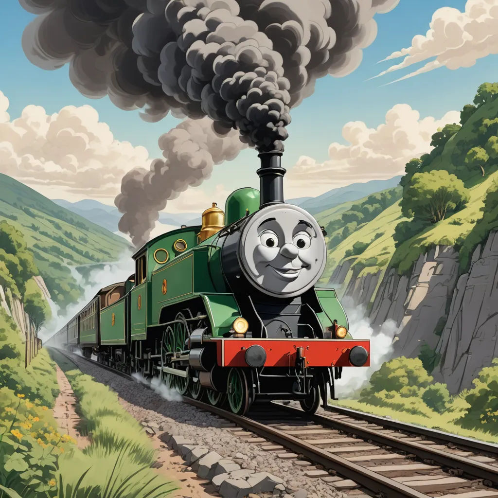 a cartoon train with a smoke stack coming out of it's engine and a man on the side of the train, sots art, concept art, Cliff Childs, official art