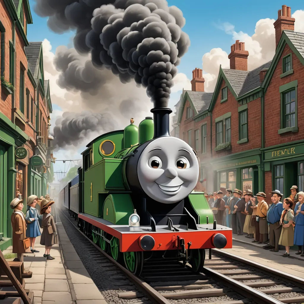 a thomas the train is coming down the tracks with people watching it from the side of the track and a crowd of people standing on the side of the tracks, sots art, concept art, Donald Roller Wilson, official art