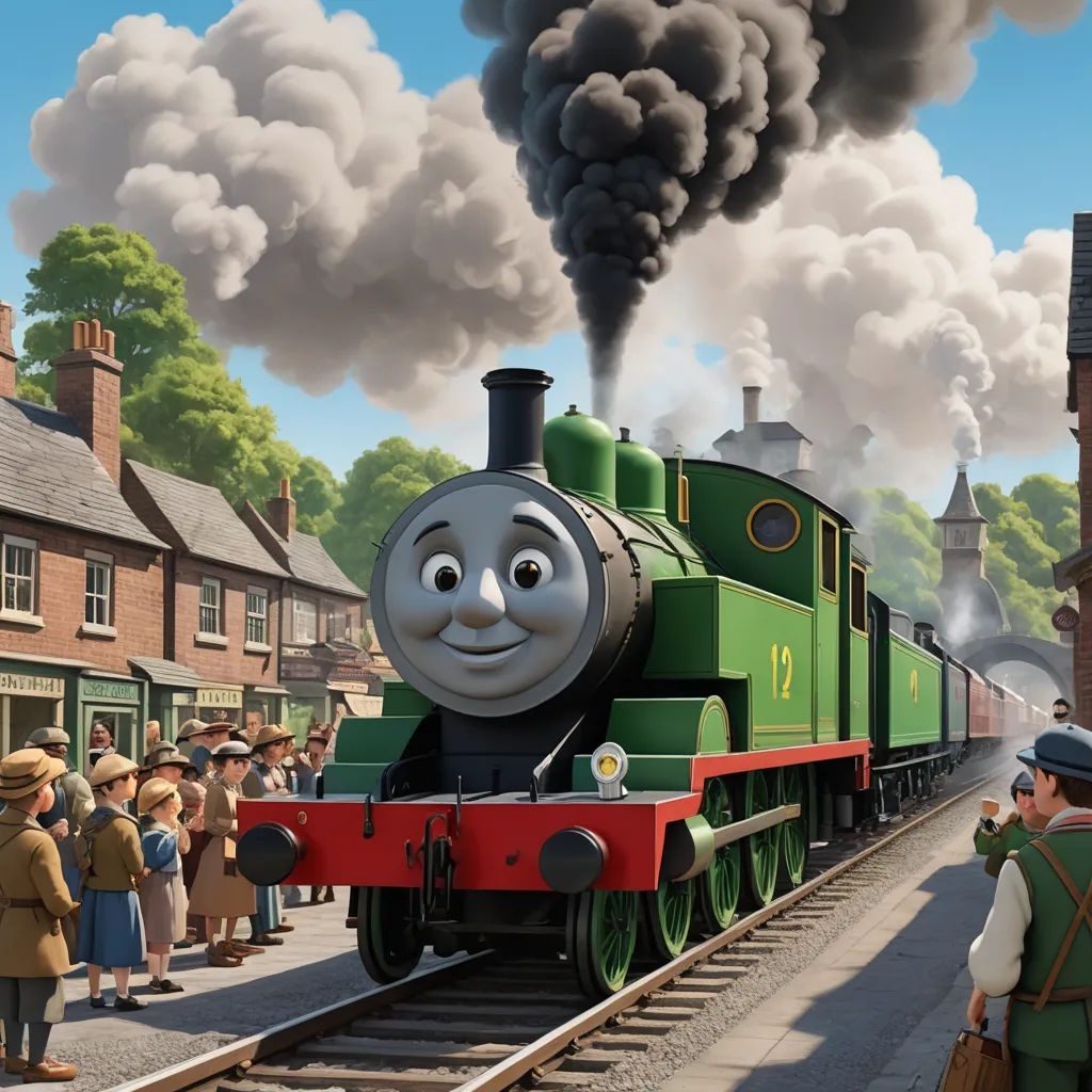 a thomas the train is coming down the tracks with people watching it from the side of the track and a train is coming down the track, sots art, concept art, Bertram Brooker, official art