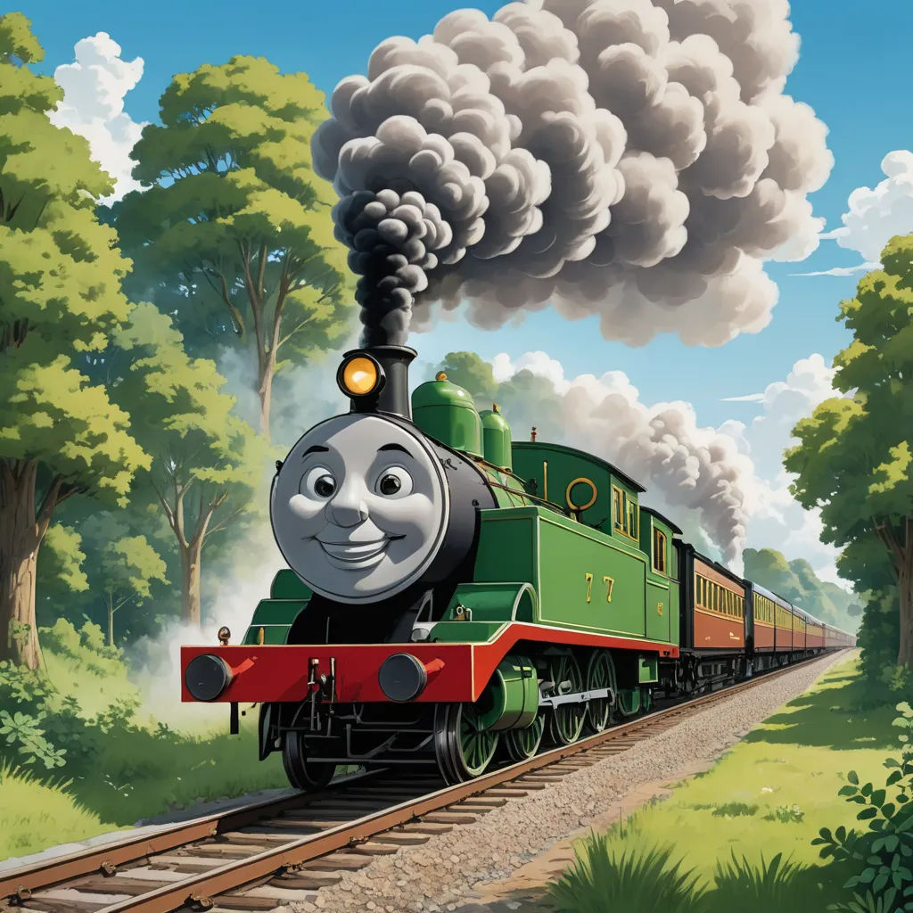 a cartoon train with a green engine and a red car on the tracks with smoke coming out of it, sots art, concept art, Donald Roller Wilson, official art