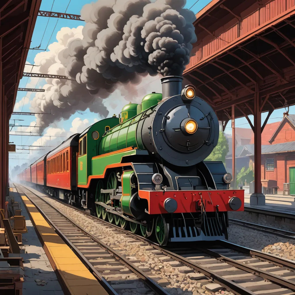 a painting of a train coming down the tracks with smoke coming out of it's stacks and a train station in the background, american scene painting, a detailed matte painting, Evgeny Lushpin, highly detailed digital painting