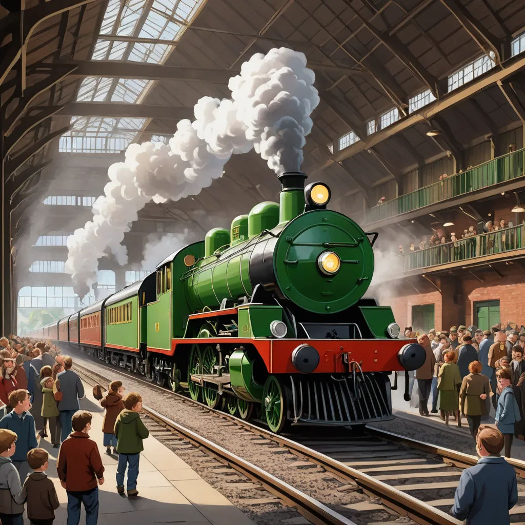 a painting of a train engine pulling into a station with people standing around it and a crowd of people standing around, photorealism, a detailed matte painting, Evgeny Lushpin, matte drawing