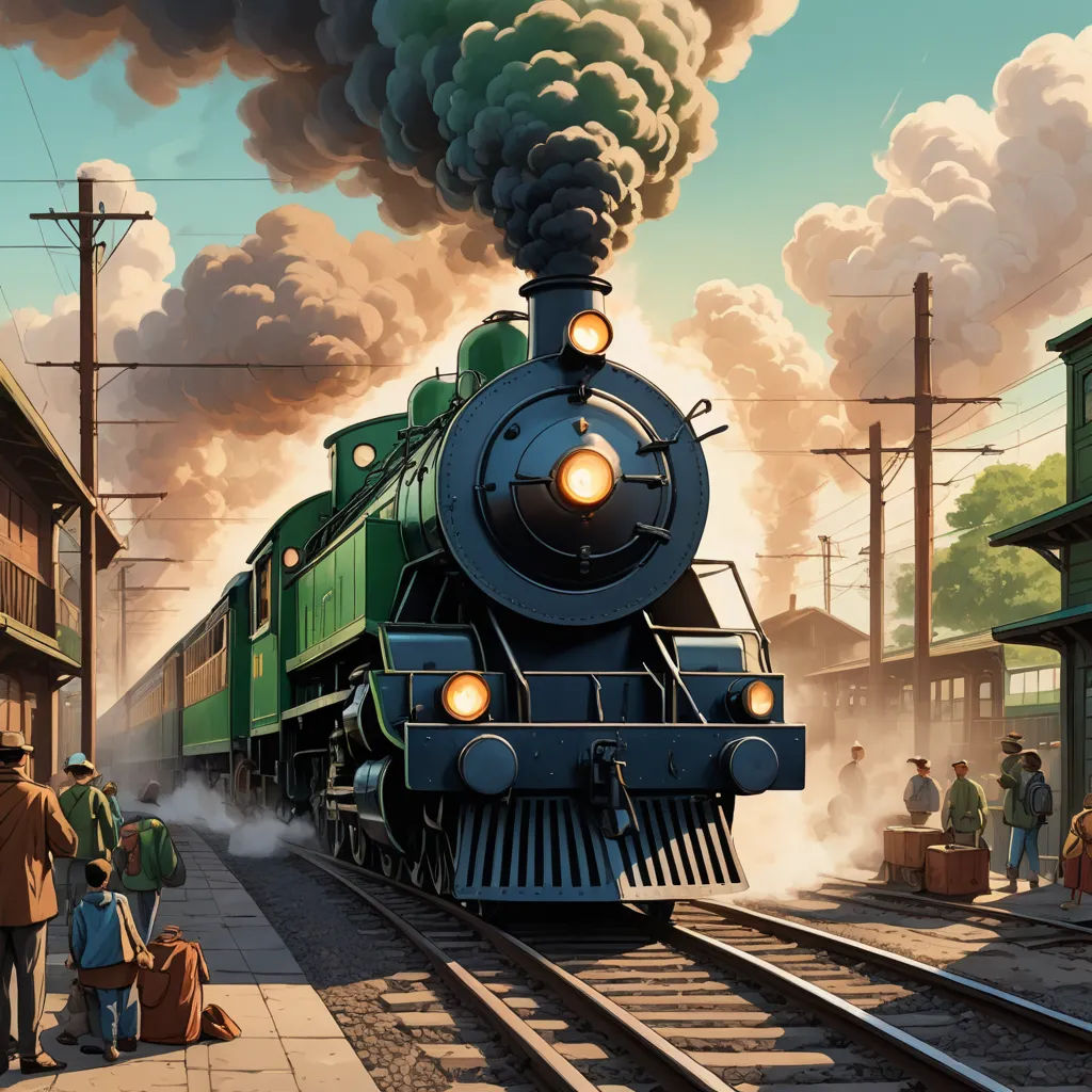 a painting of a train coming down the tracks with people standing around it and a train coming down the tracks, american scene painting, a detailed matte painting, Evgeny Lushpin, highly detailed digital painting