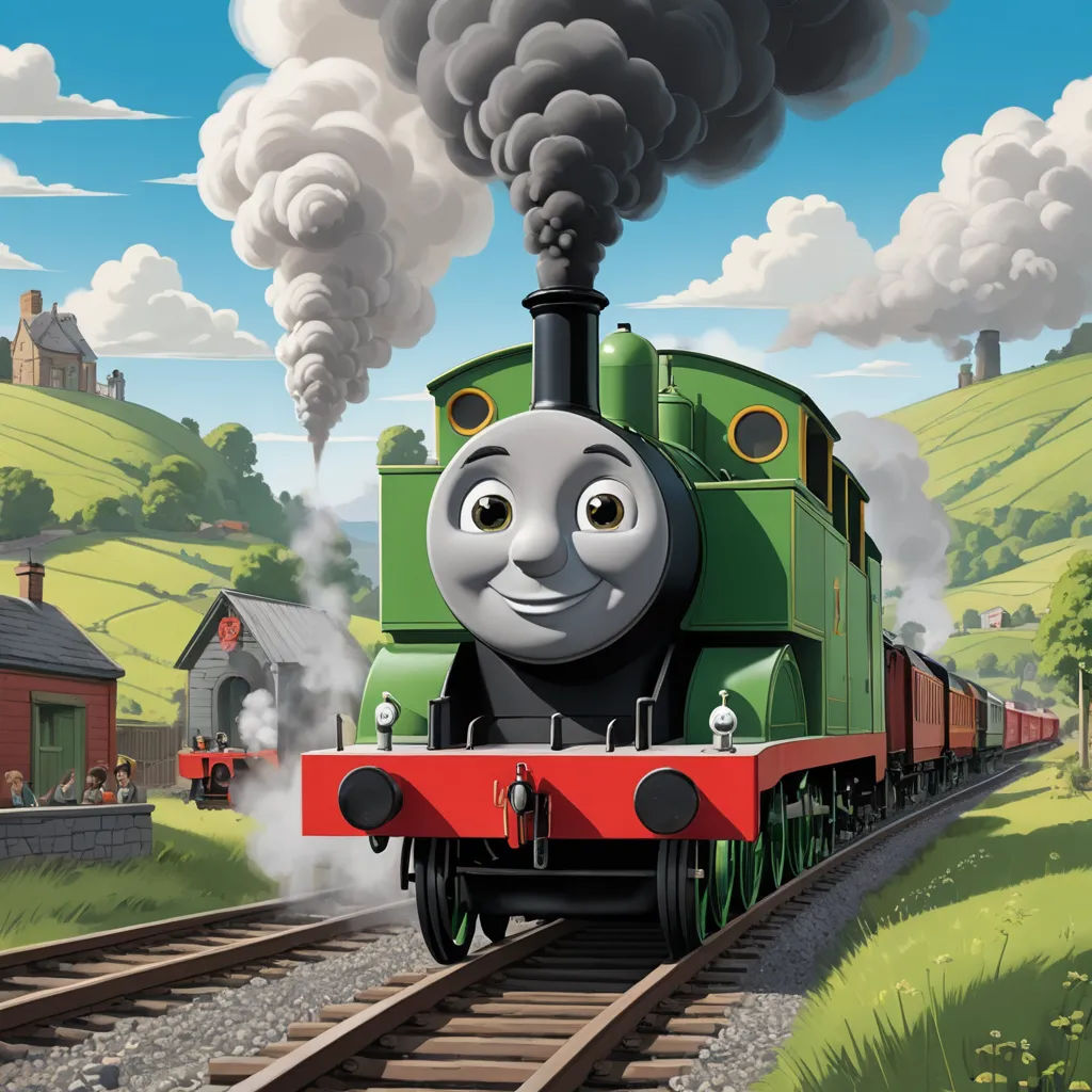 a cartoon train with a green engine and a red car on the tracks with smoke coming out of it, sots art, concept art, Donald Roller Wilson, official art