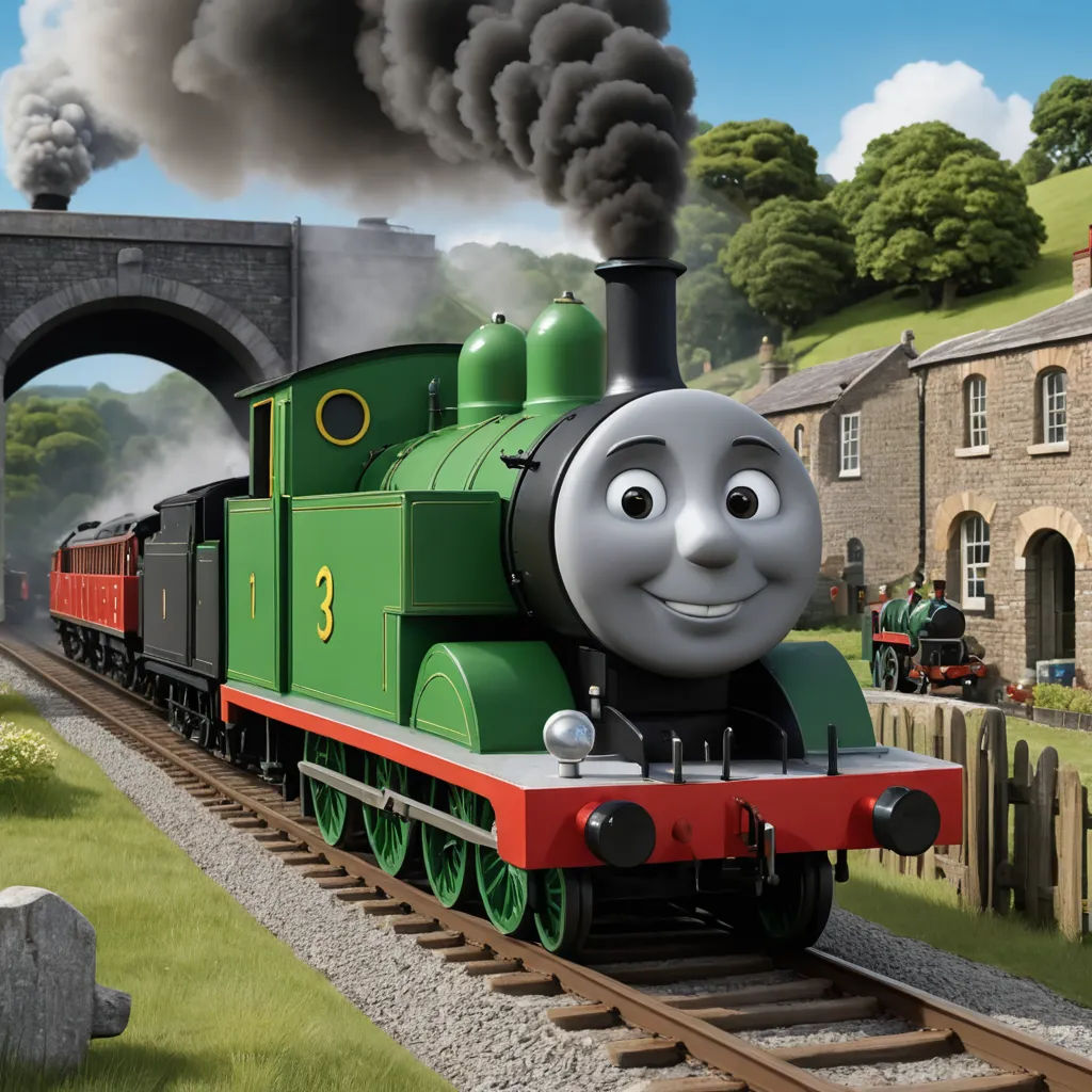 a thomas the train is coming down the tracks with smoke coming out of it's mouth and a bridge in the background, sots art, concept art, Bertram Brooker, promotional image