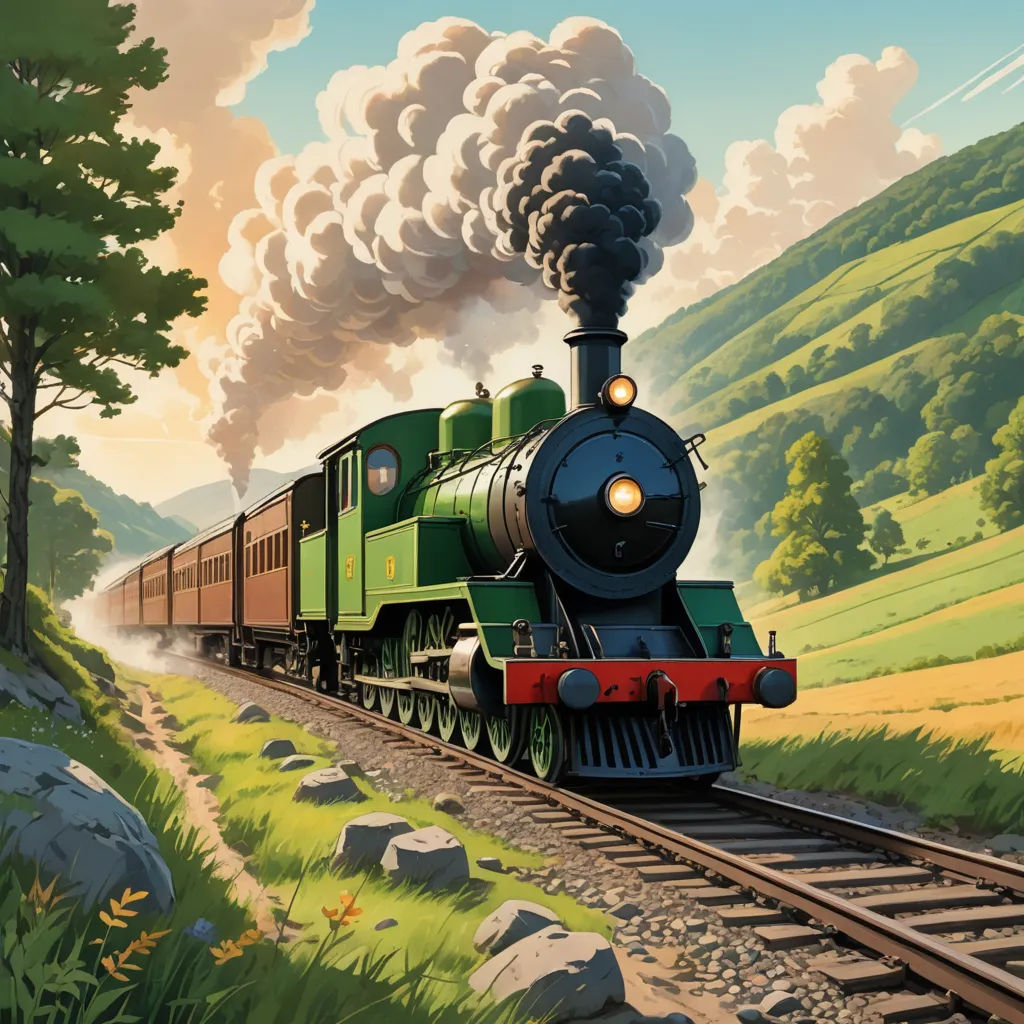a painting of a train traveling down the tracks in the country side with a forest and mountains in the background, american scene painting, a detailed matte painting, Evgeny Lushpin, highly detailed digital painting