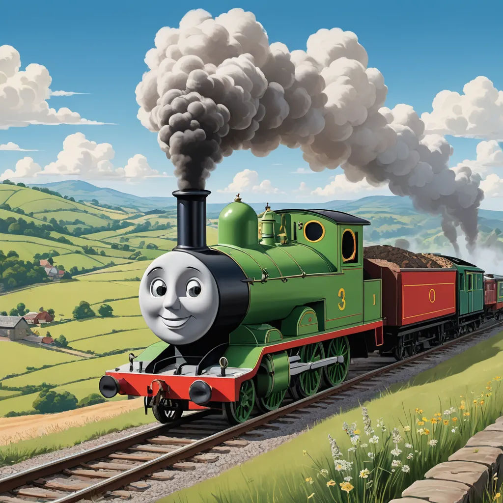 a cartoon train with a green engine and a red car on the tracks with a sky background and a green field with flowers, sots art, concept art, Donald Roller Wilson, official art