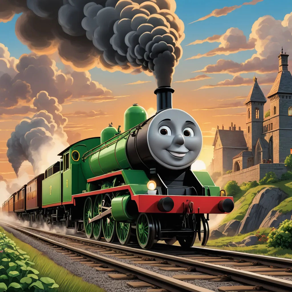 a cartoon train with a green engine and a red car on the tracks with a castle in the background, sots art, concept art, Donald Roller Wilson, official art
