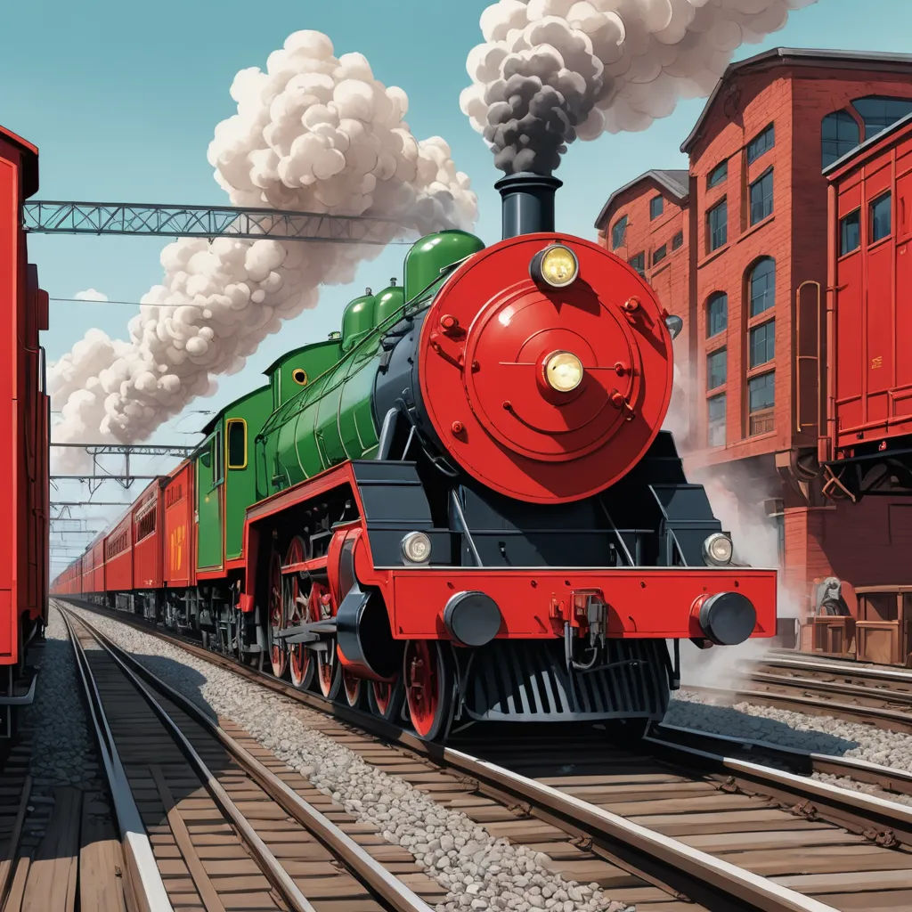 a train is traveling down the tracks near a red building and a red train car is on the tracks, photorealism, a detailed matte painting, Brothers Hildebrandt, highly detailed digital painting