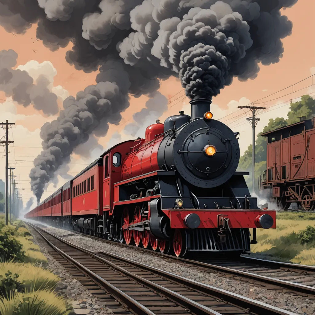 a painting of a train with smoke coming out of it's stacks and a train engine on the tracks, american scene painting, a detailed matte painting, Brothers Hildebrandt, highly detailed digital painting