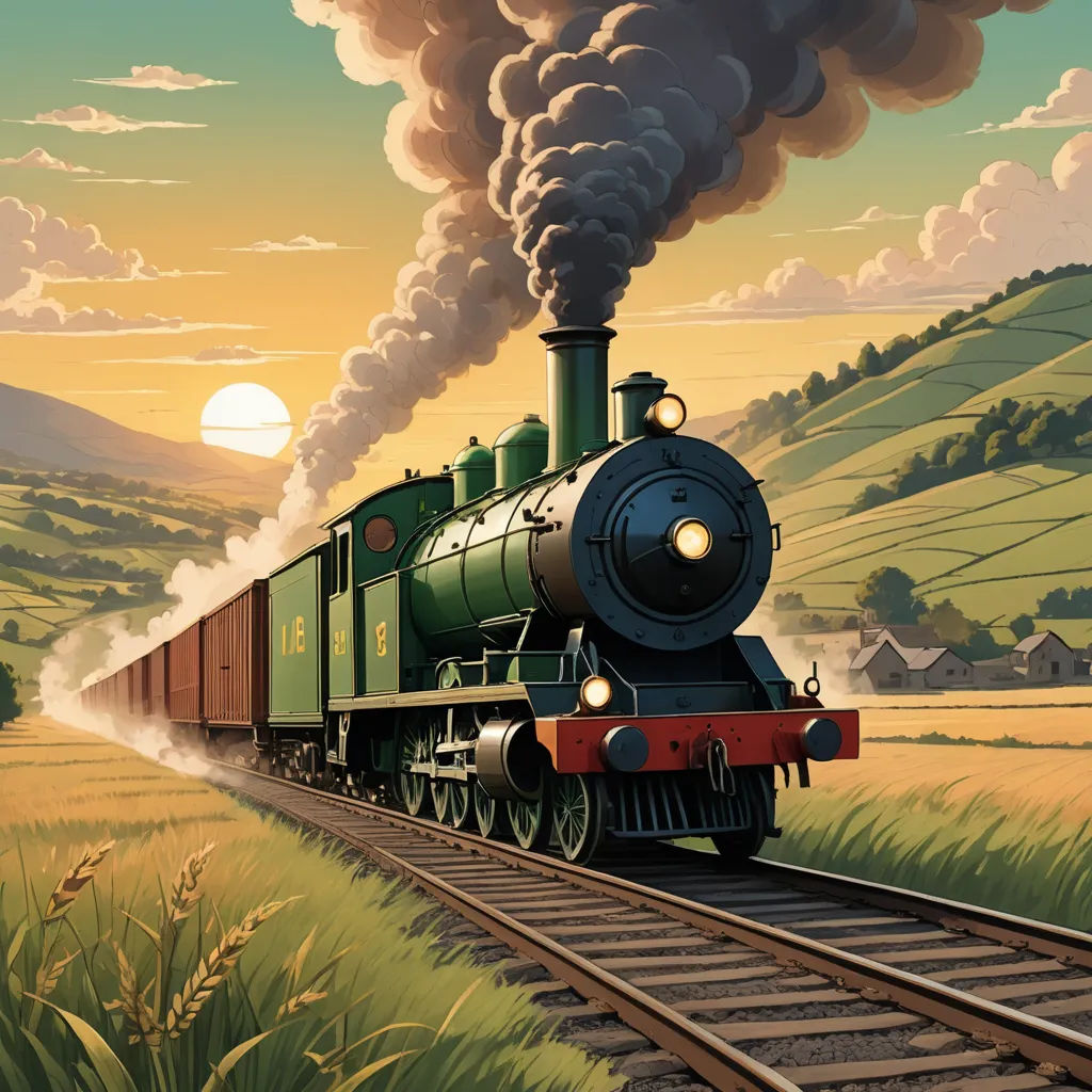 a train traveling down train tracks near a field of grass and trees with a sun in the background and a cloud of smoke, fantastic realism, a detailed matte painting, Evgeny Lushpin, matte drawing
