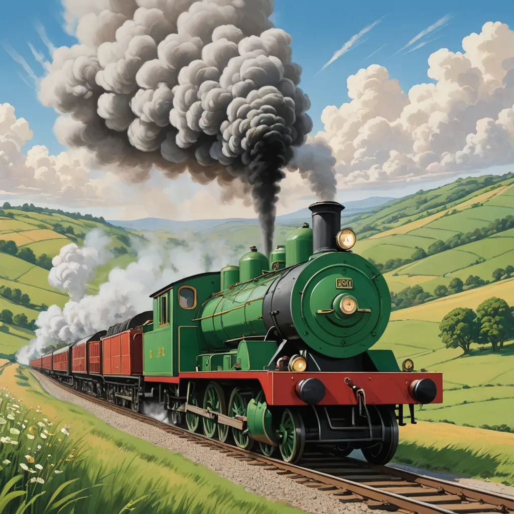 a painting of a train with smoke coming out of it's stacks and a field of green grass, american scene painting, a detailed matte painting, Charles Ginner, official art