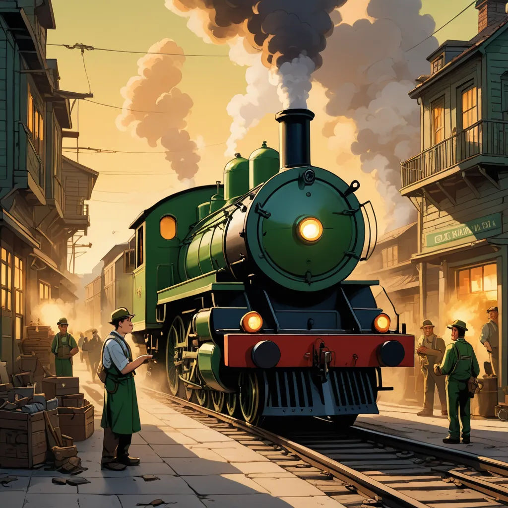 a train is coming down the tracks with a man standing next to it and a man in a green apron is looking at the train, fantasy art, a detailed matte painting, Evgeny Lushpin, matte drawing