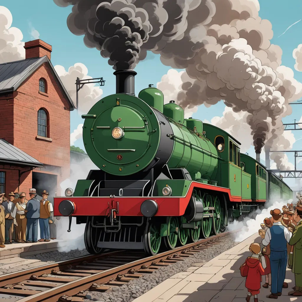 a painting of a train with people standing around it and a train on the tracks with smoke coming out of it, fantastic realism, a storybook illustration, Charles Ginner, official art