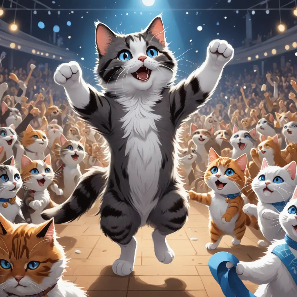 a cat is standing on its hind legs in front of a crowd of cats in a theater with their arms up, furry art, concept art, Chris LaBrooy, official art