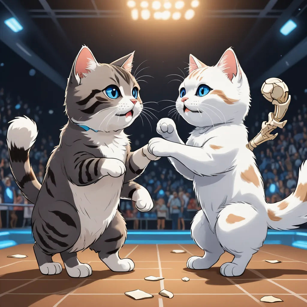 two cats are playing with each other in a stadium with a crowd of people watching them from the stands, sots art, concept art, Artgerm, official art